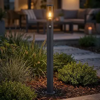 Wegeleuchte Bewegungsmelder Pollerleuchte außen Gartenlampen anthrazit IP44, Standleuchte Terrasse Balkon, Edelstahl rauchfarben, 1x E27 Fassung, DxH 12,7x110cm