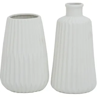 Deko Vase im 2er Set aus Keramik Mattes Design mit Rillen Höhe 18 cm Blumenvase Tischdekoration - Weiß