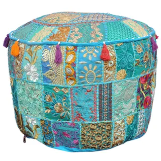 Indischer Sitzhocker, dekorativ, traditionell, handgefertigt, Baumwolle, für Wohnzimmer, Sitzhocker, rund, bequem, bestickt, Patchwork-Bodenkissen, 55,9 x 35,6 cm, Türkis
