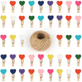 G2PLUS Herz Holzklammern Klein - 100Stück Deko Wäscheklammern Holz - Wäscheklammern Mini Bunt mit 30M Schnur für Hochzeit, Fotos, Adventskalender