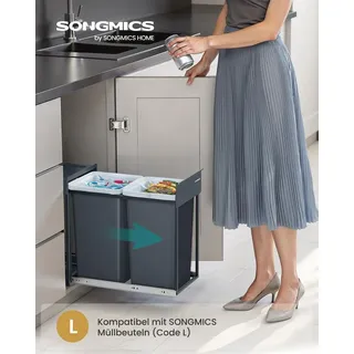 SONGMICS Mülleimer küche, Mülltrennsystem für Unterschrank, 2 x 15 L, Abfalleimer 2 Fächer, ausziehbar, Stahlrahmen, ABS-Deckel, grau - Grau