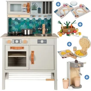 small foot Kinderküchen-Set mit Kinderküche, 15-tlg. Schneide-Set, 18-tlg. Geschirr-Set, 7-tlg.Kaffeemachinen-Set & 9-tlg. Waffeleisen-Set - Tasty - Bunt