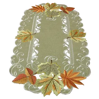 Herbst Blätter Tischläufer Tischdecke Mitteldecke Kissenhülle Leinen-Optik Grün Beige - Größe wählbar (ca. 35 x 70 cm Oval)