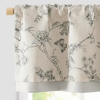 TOPICK Leinen Scheibengardinen Blickdicht Küchengardinen Blumen Frühling Landhausstil Gardinen Schmetterling Verdunkelnd Vorhänge Kurz Bistrogardine Volant Fenster 1er Pack Grau auf Beige 40Bx125H(cm)