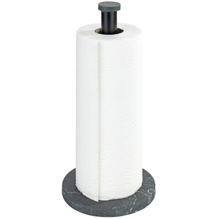 WENKO Küchenrollenhalter Marmor, stehender Halter für Küchenrollen in eleganter Marmor-Optik für die Küche, mit Boden aus Kunststoff und schwarzer Stange aus Metall, (B/T x H): Ø 15 x 32 cm, Schwarz