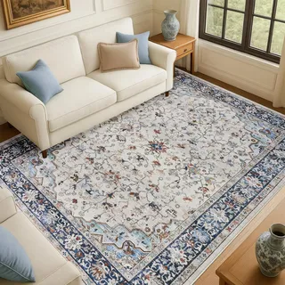 Topfinel Vintage Teppich 200x300cm Blau Boho Kurzflor Teppich Waschbar in Waschmaschine rutschfest Weicher Wohnzimmer Teppiche für Schlafzimmer Esszimmer Büro Groß Carpet Orientalischer Hellblau