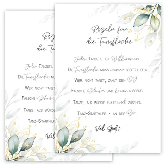 2x Tanzflächen Regeln für die Tanzfläche A4 stablie Poster 400 g/m2 Dance Floor Rules Schild Feier Geburtstag Hochzeit Party Spaß Deko Hochzeitsdeko Grün Weiß Gold Blätter Vintage 30 40 50 60 70 80 90
