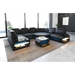 Sofa Dreams Wohnlandschaft Sofa Leder Asti U Mini, Couch, kleines U Form Ledersofa mit LED, Designersofa blau|schwarz