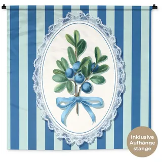 MuchoWow Wandteppich Illustration - Beeren - Blau - Streifen, Quadratisch, Höhe: 3 mm, Wand Teppich Wohnzimmer, Schlafzimmer, 150x150 cm Quadratisch | 150 cm x 150 cm x 3 mm
