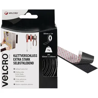 VELCRO Brand VELCRO Marke | Klettband Selbstklebend | Zuschneidbares industrielles extra starkes doppelseitiges selbstklebendes Klettband mit Klettverschluss | Schwarz | 50 mm x 1 m