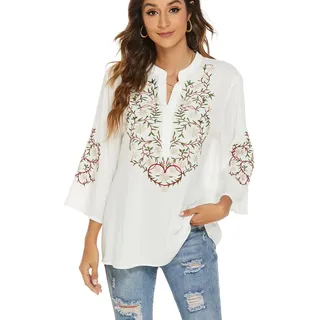 drakloak Damen Sommer Bluse Boho Stickerei Mexikanisch Tops V-Ausschnitt Shirt Kurzarm Boho Tunika Folklore Hippie Blusen - S