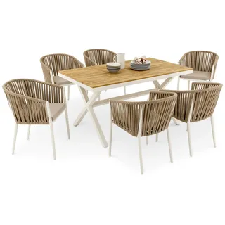 Gartenmöbelset ISOLA Weiß/Beige - Outdoor Essgruppe mit 1 Tisch und 6 Stühlen, inkl. Sitzkissen, Tisch und Stühle aus Alu, bespannt mit Rope, Tischplatte aus WPC in Holzoptik natur, Terassenmöbel