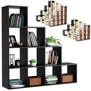 MIADOMODO® Treppenregal - Schwarz, 10 Fächer, 129,5x29x129,5 cm, für Wohnzimmer, Stabil, Offen, Freistehend, Indoor, aus MDF-Platte - Stufenregal, Raumteiler Regal, Bücherregal, Standregal