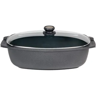 SKK großer Antihaft Gussbräter 40x24 cm - induktionsgeeignet - rechteckiger beschichteter Brattopf mit Glasdeckel - Made in Germany