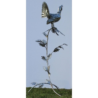 Casa Padrino Gartendeko Skulptur Hahn auf Ast Silber 87 x 70 x H. 160 cm - Handgefertigte Edelstahl Gartenfigur - Garten Dekoration