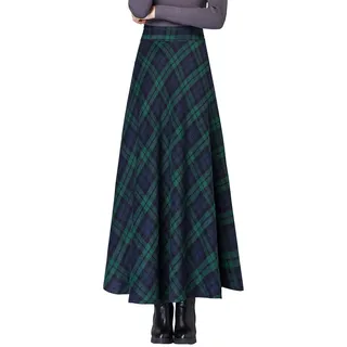 Damen Lang Rock Elegant Maxi Winterrock Plaid Warm Wollrock Hohe Taille Karierter röcke Herbst Elastische Taille Vintage A Linie Casual Midi Faltenrock E Green S - S