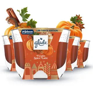 Glade Duftkerzen im Glas 4er-Pack, Mit ätherischen Ölen, 4 Stück | Langanhaltender Duft für Wohlfühlatmosphäre, Palmölfreier Wachs, Pumpkin Spice Latte Duft, 4x 204 g