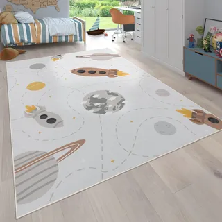 Paco Home Teppich Kinderzimmer Kinderteppich rutschfest Rakete Planet Sterne Beige Braun Gelb, 200 cm Rund