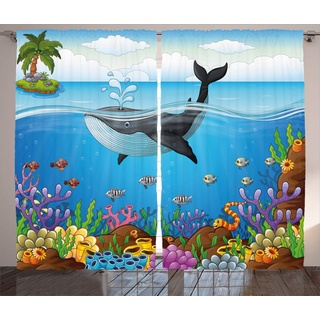 ABAKUHAUS Tier Rustikaler Vorhang, Wal in Ocean Planet, Wohnzimmer Universalband Gardinen mit Schlaufen und Haken, 280 x 175 cm, Orange Blau