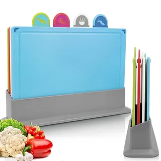 Index Schneidebrett Kunststoff Set, Farbcodiert Schneidebretter mit Ständer | 4x Frühstücksbrettchen, BPA-Free, Spülmaschinenfest, Saftrillen & Rutschfeste Füße, Küchenbrett for Fisch Fleisch Gemüse Obst