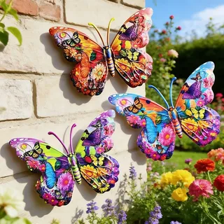 JACKANNA Frühlingsdeko Draussen Schmetterlinge Deko 4-Setblumen Deko Gartendeko für Draußen Wetterfest für Außenbereich – Wanddeko aus Metall, Kolibri-Dekorationen für Garten, Schuppen (Schmetterling)