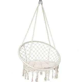 VOUNOT Hängesessel mit Fransen und bequemen Sitzkissen, Durchmesser 80 cm, Schaukelstuhl für drinnen und draußen, Hängesitz, Beige