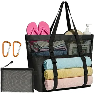 powerking Strandtasche mit Reißverschluss, Badetasche Groß, Tasche Strand XXL, Badetasche Groß Familie XXL, für Urlaub, Reisen, Fitnessstudio und Picknick - XXL