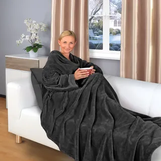 Gräfenstayn® Kuscheldecke mit Ärmel – Flauschige Decke zum Anziehen – Öko-Tex Standard 100 – Ärmeldecke für Damen & Herren – TV-Decke (Schwarz, 200x150cm)