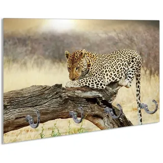 Wallario Schlüsselbrett Leopard auf Baumstamm in Afrika, (inkl. Aufhängeset), 30x20cm, aus ESG-Sicherheitsglas gelb