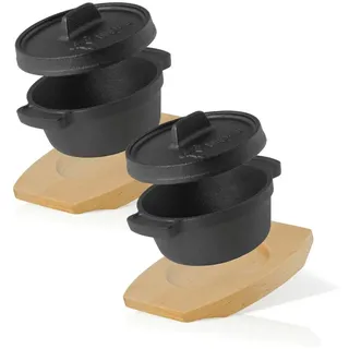 BBQ-Toro Serviertopf Mini Dutch Oven (2 Stück), Ø 11 cm, Gusseisen Topf mit Holzunterlage, Gusseisen (Set) schwarz