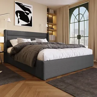 STILVORA Polsterbett 140x200cm Doppelbett mit Lattenrost aus Metallrahmen, Stauraumbett aus Leinen,mit hohem Kopfteil,Grau(ohne Matratze) - Grau