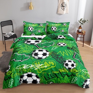 HOSIMA Fußball-Bettwäsche-Set für Jungen und Mädchen, Trendiger, Cooler Graffiti-Cartoon-Fußball-Druck, Bettbezug mit 2 Kissenbezügen(Fußball3 XS)