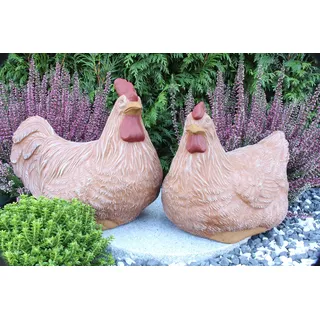 STEINFIGUREN SPICKER Steinfigur Huhn, Henne, Hahn 2er Set 135/3, 180/3 Gartenfigur Steinguss Tierfigur Terrakaotta Patina