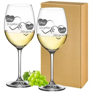 2 Leonardo Weingläser mit Gravur - Hochzeitsgläser Geschenkidee zur Valentinstag für Paare personalisiert Hochzeitsgeschenk Rotweinglas 460ml - Motiv Liebe mit Herzen