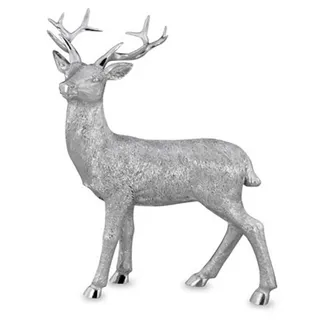 H.Bauer jun. Kleine stehende Kunststein Deko Hirsch Figur - silbern glänzende Jagdfigur mit Geweih - Silberglanz Weihnachts-Deko zum Hinstellen Höhe 19 cm