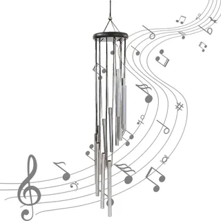 Windspiel für Draußen Hängend, 12 Klangröhren Metall Windspiel für Garten Balkon Terrasse, Elegantes Klangspiel als Gartendeko, Wetterfestes Windspiel Metall & Holz Design, Schwarz Silber