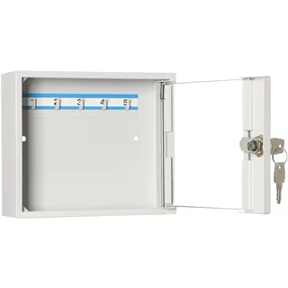 LEOMAR Schlüsselschrank, Schlüsselkasten mit 5 Haken, Schlüsselbox aus Stahlblech mit Glastüren, mit Festen Hakenleisten, Organizer zur Wandbefestigung, Abschließbar, 6 x 20 x 17 cm