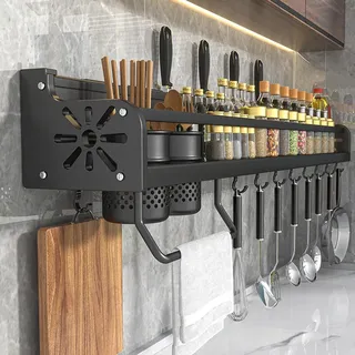 Gewürzregal Wand Ohne Bohren, Hängendes Küchenregal mit 8 Haken & 2 Bechern