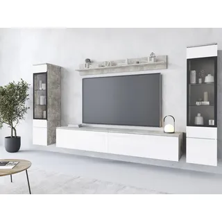 Home Affaire Wohnwand HOME AFFAIRE "VERA II", beige (beton smart, weiß hochglanz), B:260cm H:130cm T:33cm, Kastenmöbel-Sets, Wohnwand, Mediawand 260 cm, Vitrine mit Verglasung, stehend und hängend