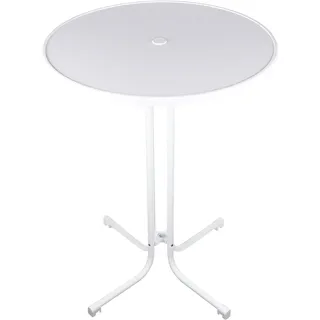Eigentlich Stehtisch weiß mit Schirmloch Partytisch runde D80 x H107 cm Holzwerkstoff beschichtet, Bartisch weißes klappbares Metallgestell, Biergartentisch, Bistrotisch