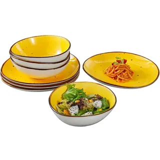 Kadum Potosi 8-teiliges Geschirrset für 4 Personen | Speiseteller Keramikteller hochwertige Keramik Bowls Saladbowls | 4x Frühstücksteller Ø 21,0 cm & 4x Salatbowl Ø 15,0 cm (Gelb)