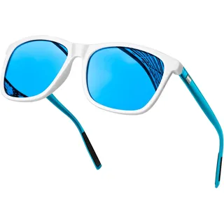 KANASTAL Größe Sonnenbrille Herren und Damen Retro Polarisiert Sonnenbrille UV400 Schutz für Reise Wandern Angeln Alltag, Glänzend Weiß Rahmen Verspiegelt Blau Gläser Blau Bügel - Einheitsgröße