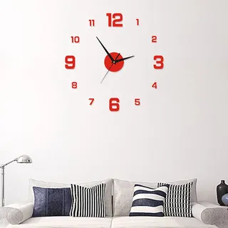 SpirWoRchlan 3D Wanduhr zum Kleben - DIY Mute Modern Uhr Wandtattoo für Wohnzimmer Küche Schlafzimmer Office Dekoration, Leichts Ablesbare Lautlose Batteriebetriebene Runde Wanduhr (Rot)