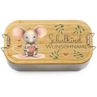 Print Royal PR Personalisierbare Brotdose zur Einschulung - Schulkind mit Name und Jahr personalisiert - Maus Brotdose, personalisierte Geschenke zur Einschulung | 600 ml, mit Bambusdeckel