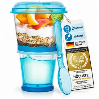 Goods+Gadgets Aufbewahrungsbecher GOODS+GADGETS Müsli To-Go Becher 2in1 mit Kühlfach & Klapp-Löffel, (Milchkühlfach & Klapp-Löffel), Joghurt 2-Go Reise-Becher blau