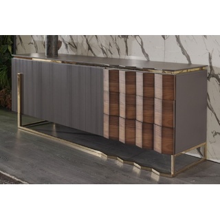 Casa Padrino Luxus Sideboard Grau / Braun / Gold 220 x 53 x H. 82 cm - Massivholz Schrank mit 2 Türen und 3 Schubladen - Esszimmer Möbel - Luxus Möbel - Luxus Kollektion
