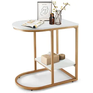 C-förmiger Beistelltisch Couchtisch Kaffeetisch Laptoptisch Betttisch Gold Weiß