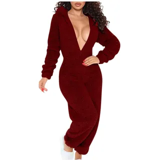 Jumpsuit Damen Kuschelig Teddy Fleece Winter Warm Schlafanzug Loungewear Overall Plüsch Einteiler Onesie Casual Einfarbig Ganzkörperanzug mit Kapuze Hausanzug Flauschig Sexy Pyjama Schlafoverall(Wein,