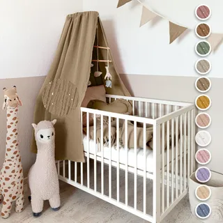 lilimaus Betthimmel Babybett mit Gold Applikation in 12 Farben [inkl. Himmelstange] - Himmel Babybett aus 100% Baumwolle Musselin für Mädchen & Jungen - Himmelbett mit Stange - Kinder Babyzimmer Deko