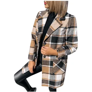 SumLeiter Winterjacke Damen karierter Anzug Wolljacke mode einreihiger Wollmantel Lässige Hemdjacke Karo Blazerjacke Blazermantel Revers Slim fit Dufflecoat Winterparka Trenchcoat , S, Khaki